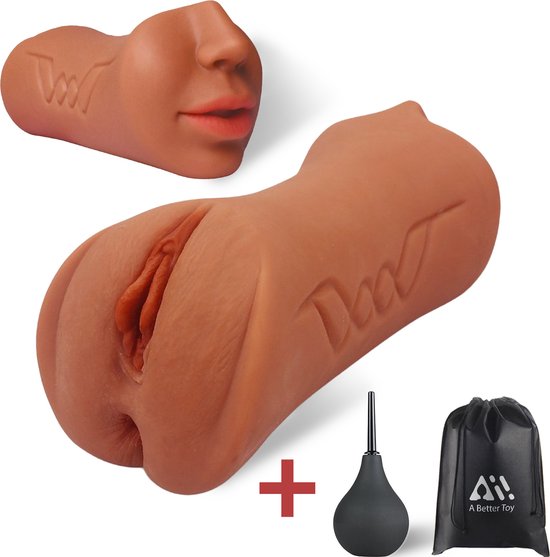 Aii Katana 3D Realistisch Masturbator + Gratis cleaning Bulb en Opbergtas - Masturbator voor man - Pocket Pussy - 3 in 1 Vagina, Anus en Mond - Sex toys voor mannen - Bruin